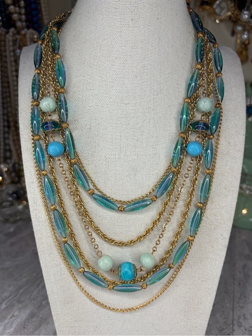 Vintage Hook Clasp Necklace Chain Lucite Multistrand Layered Jewelry Gold Tone